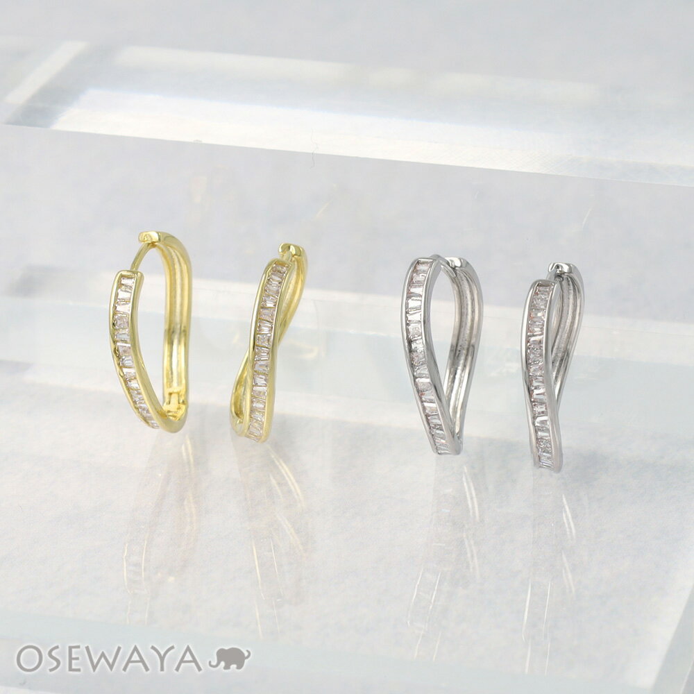 Rakuten - 【送料無料】ピアス REFLET ニッケルフリー メタル ウエーブ ライン キュービックジルコニア メニー ワンタッチ フープピアス | OSEWAYA アクセサリー レディース 女性 大人 プレゼント ギフト 結婚式 誕生日