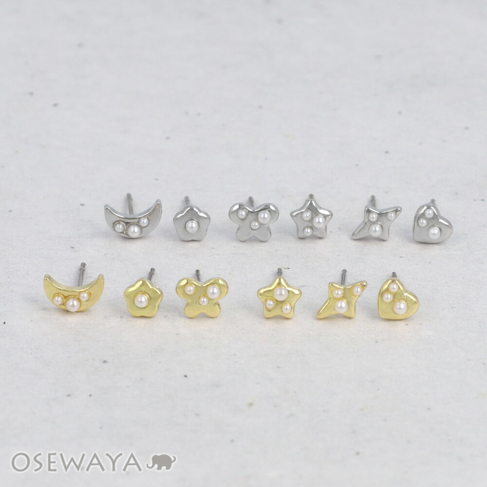 乐天商城 - ピアス ニッケルフリー メタル ハート 月 フラワー リボン 星 パール 6個セット チタンポスト スタッドピアス | OSEWAYA アクセサリー レディース 女性 大人 プレゼント ギフト 結婚式 誕生日 おしゃれ オシャレ