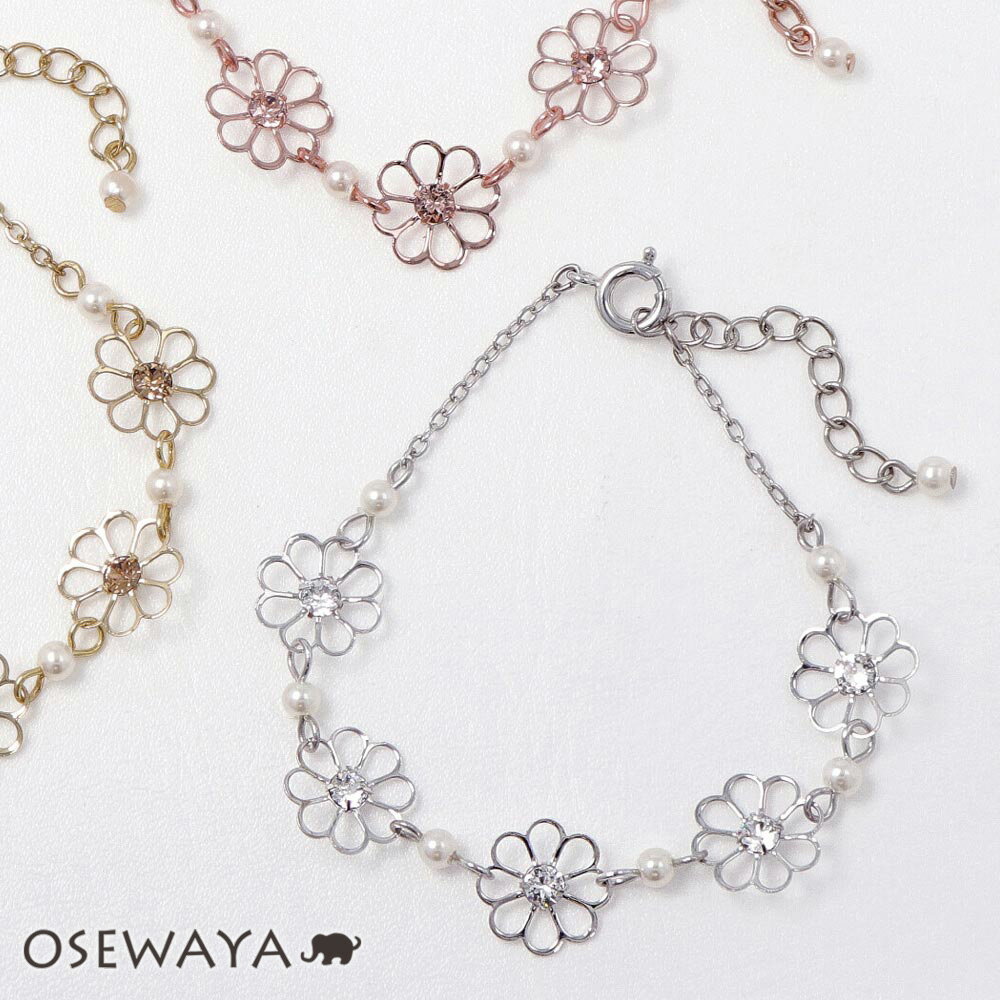 【楽天スーパーSALE 半額】ブレスレット ニッケルフリー フラワー ストーン メタル チェーンブレスレット | OSEWAYA アクセサリー レディース 女性...