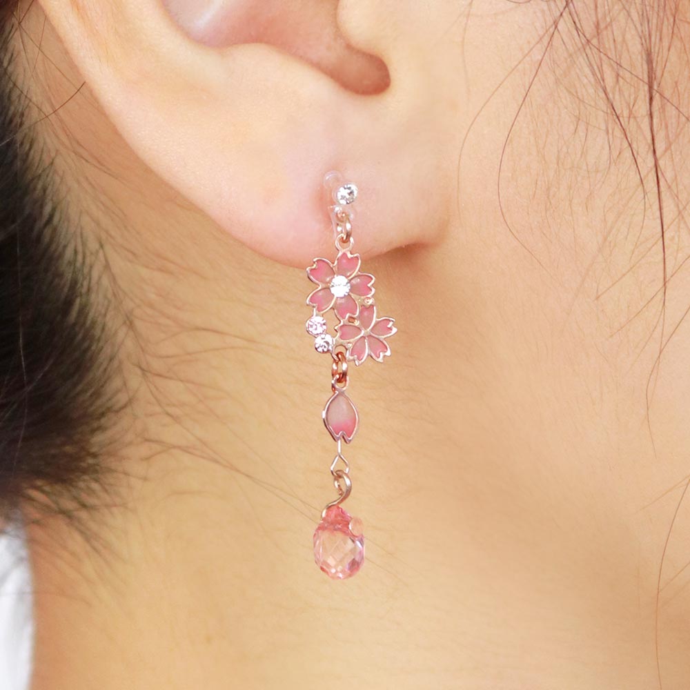 ノンホールピアス ニッケルフリー 桜 ストーン 花びら ドロップ ストーン イヤリング 樹脂タイプ