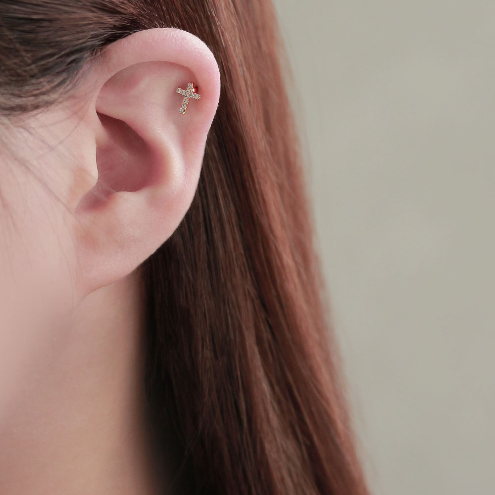 ボディピアス キュービックジルコニア 十字架 クロス ストレートバーベル ネジ式 サージカルステンレス 16G 【1個販売】 | OSEWAYA アクセサリー レディース 女性 大人 プレゼント ギフト