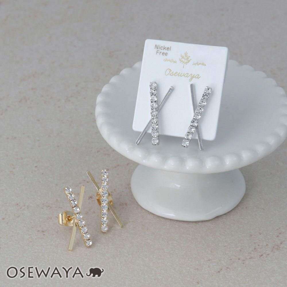 ピアス ニッケルフリー メタル ストーン ライン クロス スタッドピアス | OSEWAYA アクセサリー レディース 金属アレルギー 女性 大人 プレゼント ...