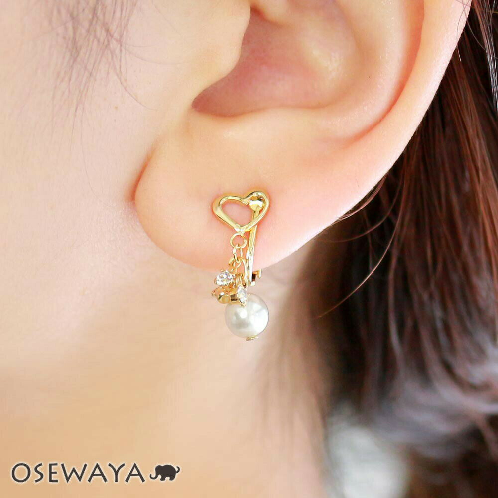 【楽天スーパーSALE 半額】イヤリング メタル オープンハート ストーン パール 下がり ネジバネ式イヤリング | OSEWAYA アクセサリー レディース ...