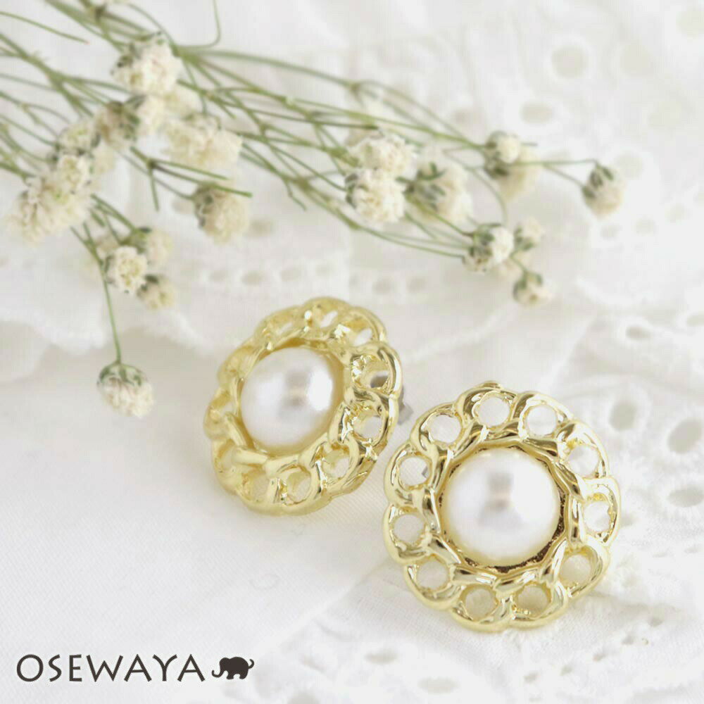 【スーパーセールMax50％OFF】ピアス パール レース サークル ボタン メタル ポストピアス | OSEWAYA アクセサリー レディース 女性 大人 プレゼント オシャレ かわいい
