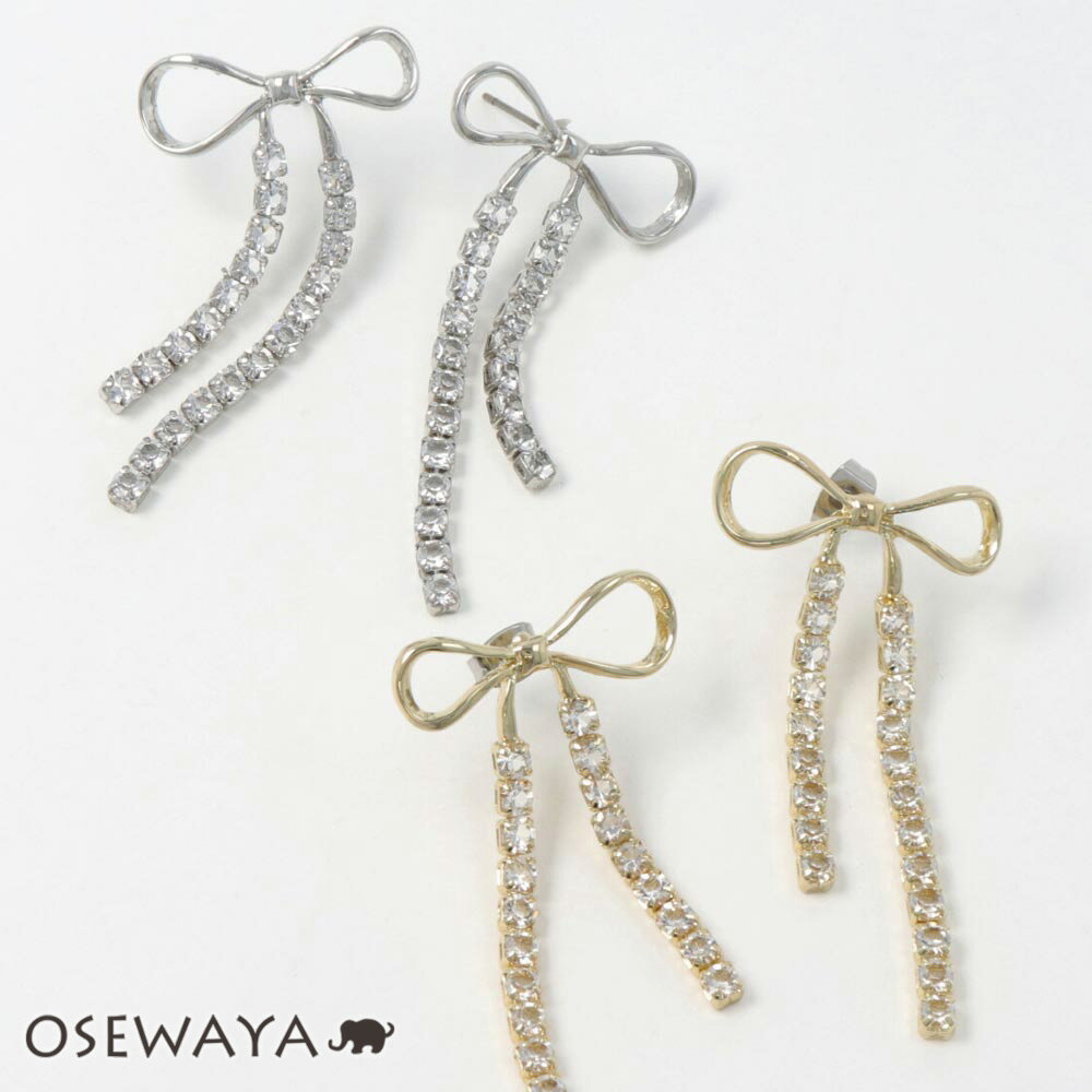 12/4限定2時間30％OFF ピアス ニッケルフリー リボン ダイヤレーン ストーン メタル ポストピアス | OSEWAYA アクセサリー レディース 女性 大人 プレゼント オシャレ かわいい