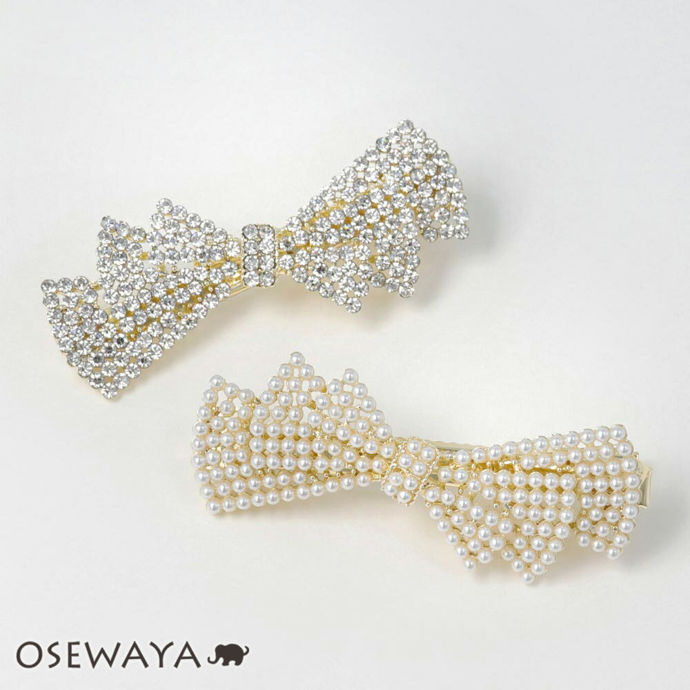 ヘアクリップ リボン パヴェ ストーン パール クリップ | OSEWAYA ヘアアクセサリー ヘアアクセ レディース 女性 大人 プレゼント ギフト 結婚式 ...