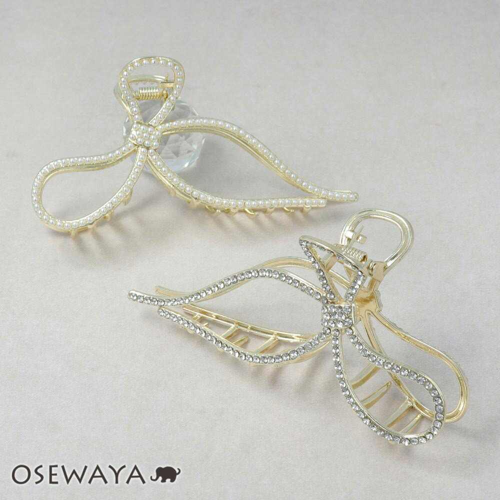 ヘアクリップ メタル リボン ストーン パール バンスクリップ | OSEWAYA ヘアアクセサリー ヘアアクセ レディース 女性 大人 プレゼント ギフト 結...