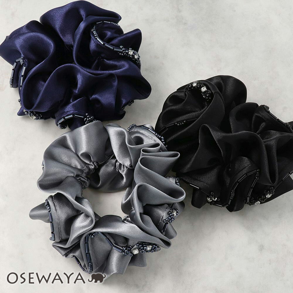 シュシュ サテン ビーズ ヘアゴム ヘアポニー | OSEWAYA ヘアアクセサリー ヘアアクセ レディース 女性 大人 プレゼント ギフト 結婚式 カジュアル...
