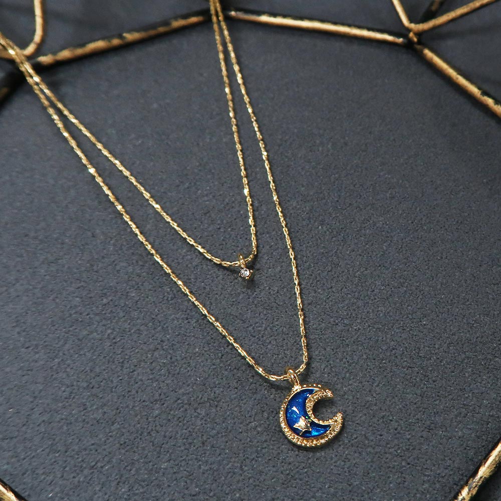 【楽天スーパーSALE 半額】ネックレス ニッケルフリー 宇宙 月とストーン 2連 プチネックレス