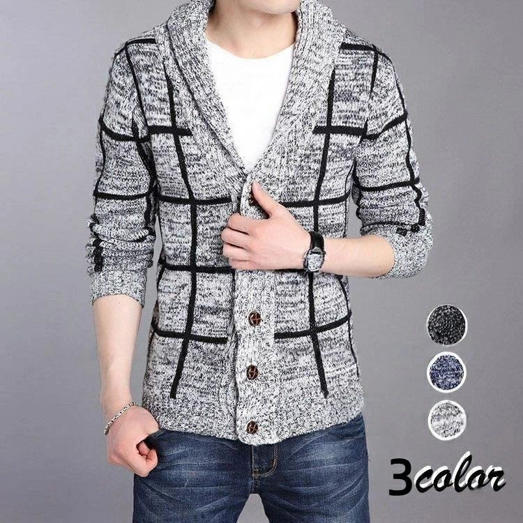 ◆◆カラー：グレー ブルー ブラック【素材】：：ポリエステル、アクリル【サイズ】：（約）【M】バスト/2 肩幅/41 着丈/64 袖丈/ (cm)【L】バスト/6 肩幅/42 着丈/66 袖丈/60 (cm)【XL】バスト/100 肩幅/43 着丈/68 袖丈/61 (cm)【2XL】バスト/102 肩幅/44 着丈/70 袖丈/62 (cm)【連携キーワード】：ニットカーディガン メンズ チェック柄ニット 長袖セーター 防寒セーター スリム カットソー 秋冬 ニットアウター 羽織り カジュアル 通勤 ビジネス