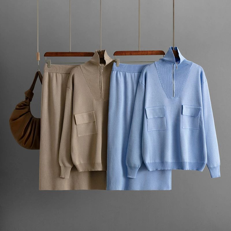 レディース 2点セット ニットトップス 半開きジップ スタンドカラー スカート 秋 冬 新作 純色 シンプル オフィス カジュアル