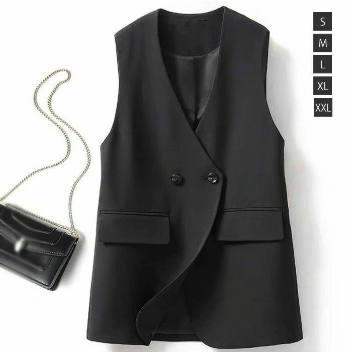 ジレ ベスト レディース 秋冬 春秋 前開き ミドル丈 トップス vネック ミドルジレ ロング ベスト アウター サマージャケット ノースリーブ 羽織り フォーマル オフィス カジュアル 体型カバー ファッション 通勤 OL シンプル 着痩せ 送料無料 重ね着 黒 ブラック