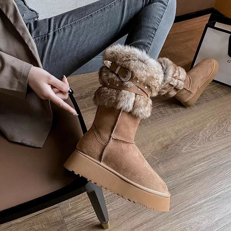 冬 ムートンブーツ レディース 中筒 厚底 保温 室内外用 防滑 シューズ