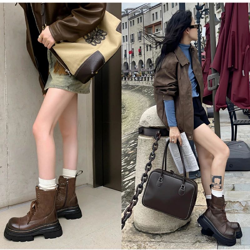 【送料無料】厚底 7cm マーティンブーツ レディース ショート バイク風 擦れ加工 秋冬