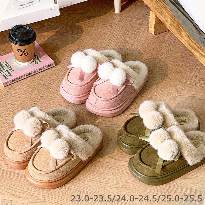ルームシューズ もこもこ レディース 個性的 ポンポン ファー リボン 厚底 あったか 裏起毛 スリッパ ..
