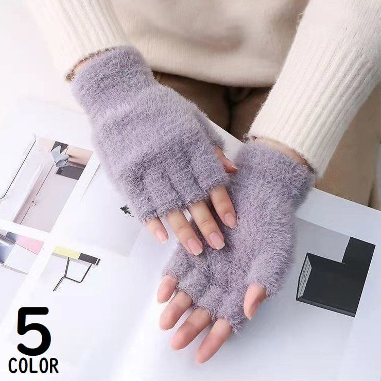 送料無料 手袋 ショートグローブ レディース 指切り 指なし 厚手エコファー ふわふわモコモコ スマホ対応 防寒 防風 暖かい 保温 秋冬
