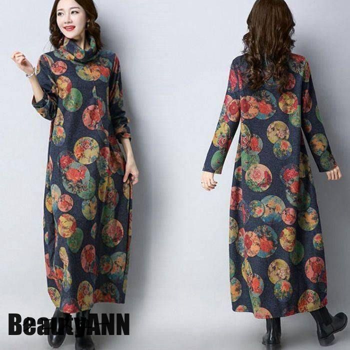 新生活 秋冬 ワンピース ロングワンピース 大人 チュニック マキシワンピース 花柄 アウター 長袖 秋 冬 Aライン 暖かい プリント ロング レディース 体型カバー 大き 秋 春 冬 秋物 冬物 プレゼント