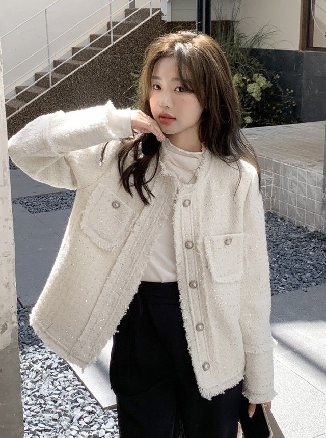 ノーカラージャケット レディース アウター ツイード ジャケット ショート丈 シンプル きれいめ カジュアル オフィス 通勤服 春 秋冬 パーティー 卒業式 入学式 お呼ばれ 20代 30代 40代 ギフト プレゼント 母の日