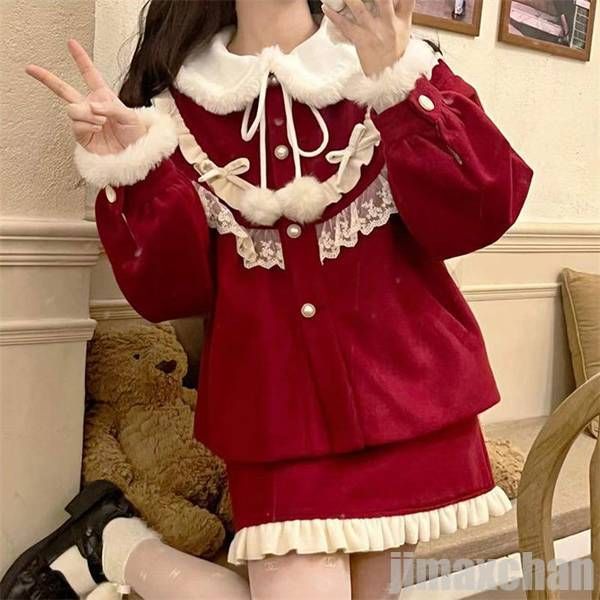 新生活 ラシャコート スカート スーツ レディース セットアップ 2点 レース 長袖 秋冬ショート 可愛い lolita ロリータ コート+スカート クリスマス...