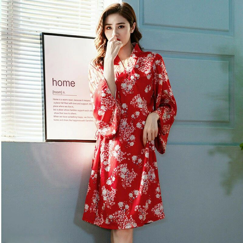 バスローブ 夏用 ルームウェア ガウン ナイトガウン 前開き ネグリジェ 薄手 シンプル プリント柄 花柄..