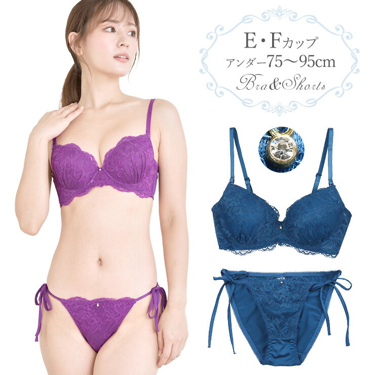 3/4 Cup - 脇高 フラワーレース ブラジャー ショーツ 上下セット 下着 (J5290) パープル ブルー E F 75 80 85 90 95 大きいサイズ