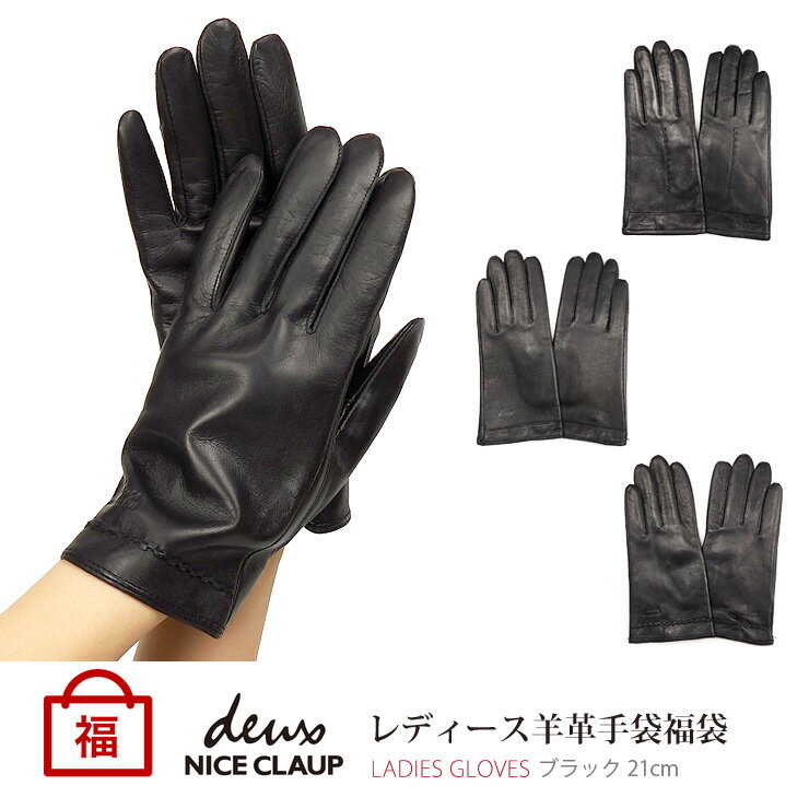 福袋 deux NICE CLAUP 羊革 手袋 1点福袋 レディース 21cm ドゥ ナイスクラップ ブラック 女性用 婦人用 裏起毛 裏フリース 5本指 てぶくろ グローブ 無地 羊皮 本革 シープスキン レザー あったか 保温 黒 メール便送料無料