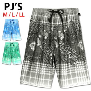 PJ'S メンズ水着 M L LL ピージェーズ 男性 紳士 海パン 海水パンツ サーフパンツ トランクス プール 水泳 海 チェック 英字ロゴ ブラック ブルー エメラルドグリーン 大きいサイズあり あす楽 メール便送料無料