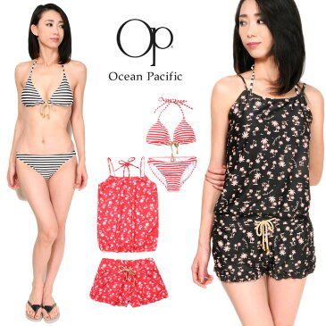 Ocean Pacific レディース用トップス＆パンツ付きビキニ水着4点セット 9M オーシャンパシフィック 体型カバー Op オーピー 女性 キャミソール 短パン ショートパンツ ショーパン ヤシの木柄 ボーダー 日本製 ブラック レッド あす楽