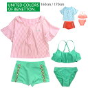 BENETTON ジュニア水着4点セット 160 170 トップス付きセパレート水着 128-369 ベネトン 子供 子ども 女児 女の子 ビキニ ストライプ柄 花柄 フラワー ショートパンツ 短パン 青 ブルー ピンク あす楽