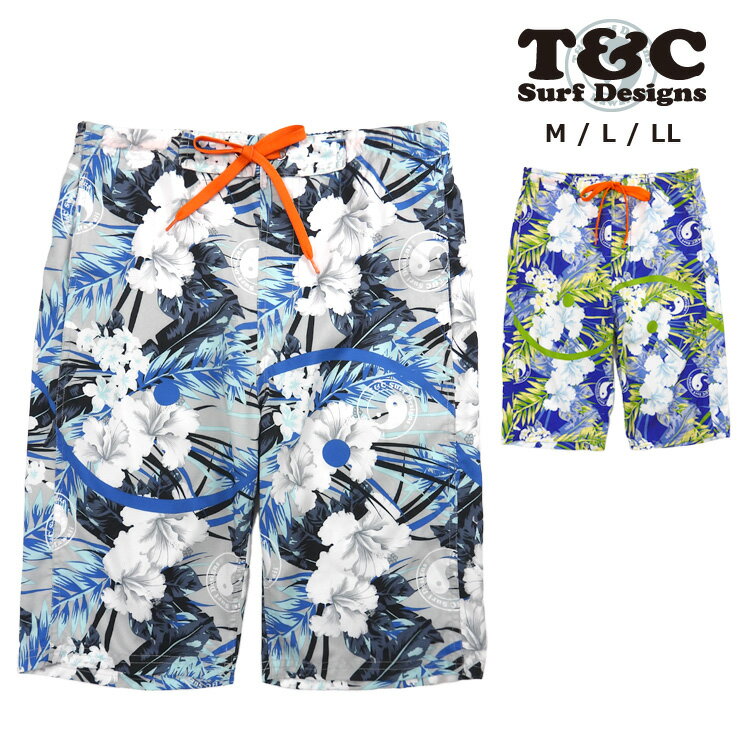 T&C メンズ用サーフパンツ水着 M L LL Town&Country タウンアンドカントリー 819102 男性用 スイムウェア スイムパンツ 海パン 海水パンツ トランクス 花柄 フラワー ハイビスカス ロゴマーク リーフ GRAY NAVY グレー ネイビー 大きいサイズあり メール便送料無料