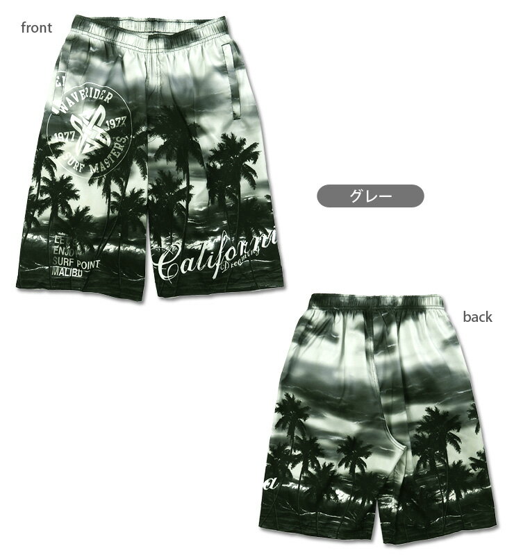 メンズ サーフパンツ 水着 M L LL M-22014 スイムウエア スイムパンツ 海パン 海水パンツ ハーフパンツ トランクス 椰子 ヤシ 波柄 グラデーション 黒 青 グレー ブルー 大きいサイズあり