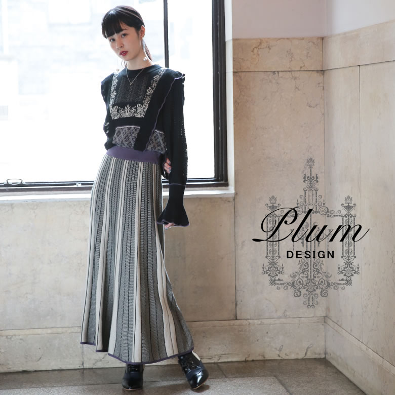 【送料無料】選べるM〜3Lサイズ展開！『Plum design編み柄切り替えプリーツニットワンピース』[ニットワンピース レディース ロング ワンピース 長袖 フレア プリーツ 透かし編み 配色 切替 レイヤード風 重ね着風 ジャガード ジャカード]【メール便不可】