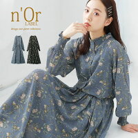 選べるM〜3Lサイズ展開！『n’OrLABEL花柄スタンドネックワンピース』[ロング ワンピース レディース 長袖 シャーリングカフス パフ袖 フリル袖 立ち襟 ネックフリル シフォン 花柄 きれいめ レトロ パステル]