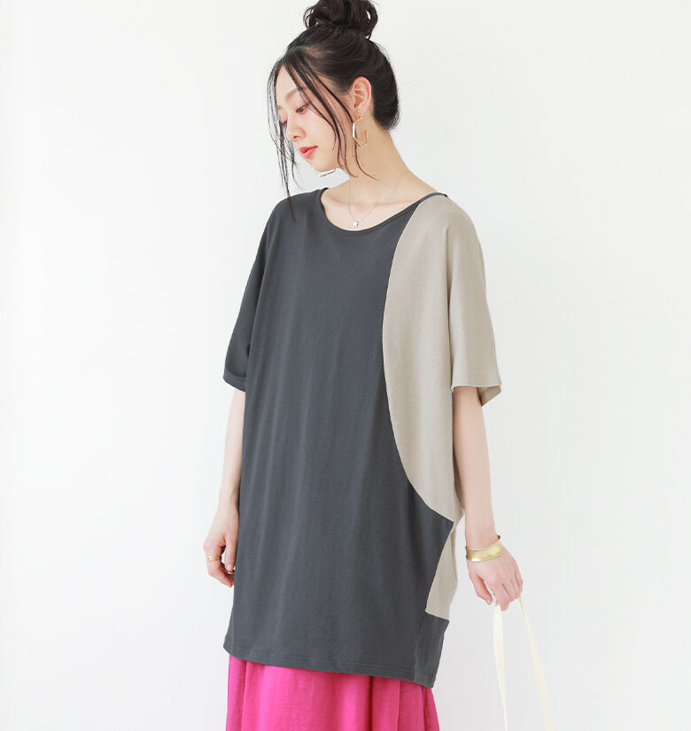 『配色で魅せる♪大人可愛いラフコーデ2点SET』[2024 レディース 2点セット 春夏 カットソー 半袖 チュニック丈 アシメ バイカラー ロング フレアスカート ビビット]※返品・交換不可※【メール便不可】【20】