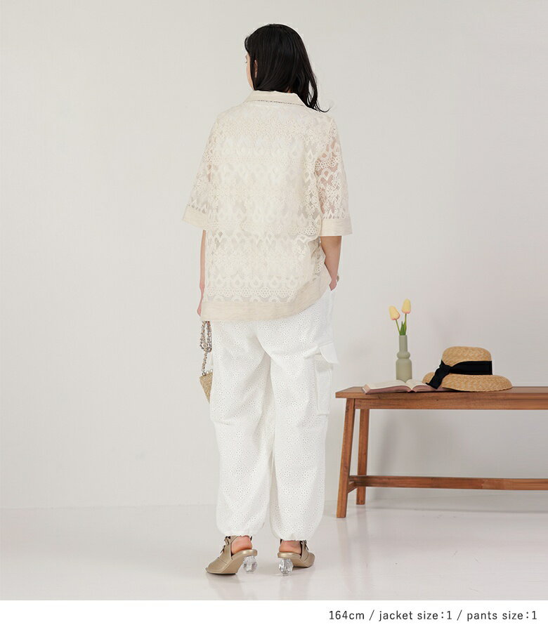 [クーポンで3点以上購入15％OFF]【送料無料】『シアージャケット×レースカーゴパンツコーデ2点SET』[2点コーデセット 2024 レディース ジャケット 半袖 ライトアウター オーガンジー カーゴパンツ コットンレース]【メール便不可】【50】