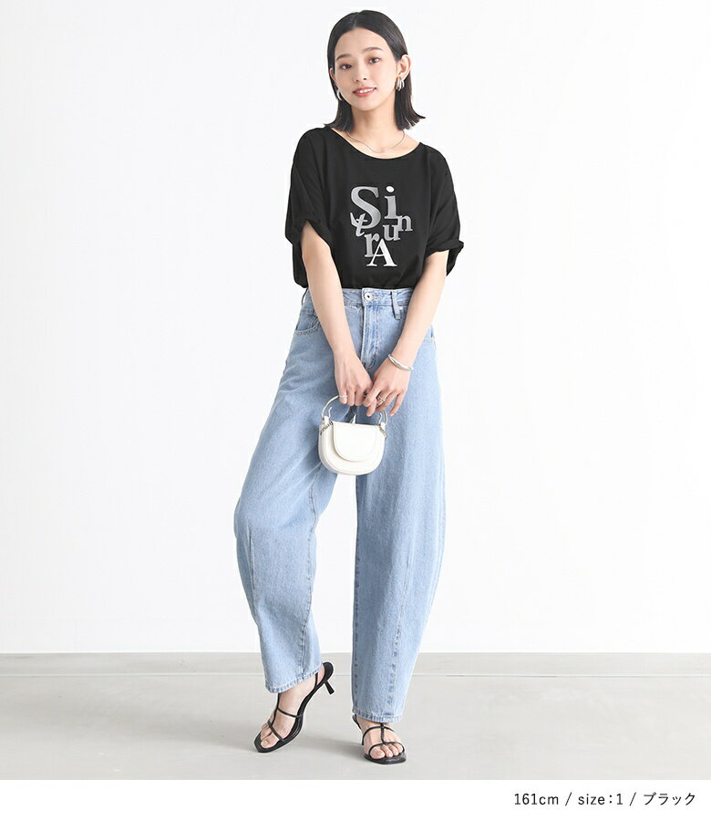 Tシャツ レディース トップス カットソー 半袖 5分袖 春 夏 Uネック ロゴT 箔プリント 綿混 シルバー プルオーバー シンプル ゆったり 大きいサイズ 体型カバー 二の腕カバー 着回し※メール便可※【5】