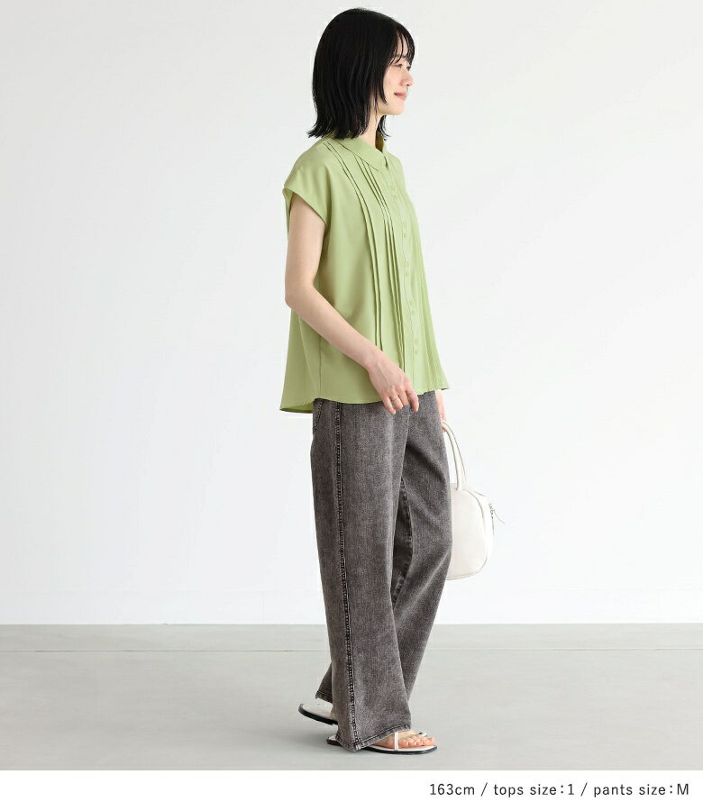 『ピンタックフレンチスリーブブラウス×ストレッチストレートデニムパンツコーデ2点SET』[2点コーデセット 2024 レディース ブラウス トップス フレンチスリーブ　ボトムス デニム]【メール便不可】【30】