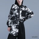 ロング シャツ レディース ユニセックス トップス ブラウス ボタンシャツ 前開きシャツ 長袖 柄シャツ 襟付き ニュアンス柄 配色 異素材 オーバーサイズ モード カジュアル 切替 ラウンドヘム 体型カバー※メール便可※【10】