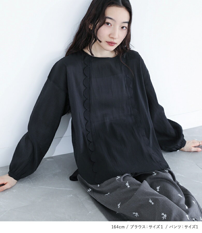 【送料無料】2点コーデセット 2025 レディース ブラウス トップス 長袖 スカラップ シアー シャツ プルオーバー 無地 パンツ ボトムス スラックス ワイドパンツ 長ズボン 花柄 刺繍 春 夏 オシャレウォーカー【メール便不可】【15】