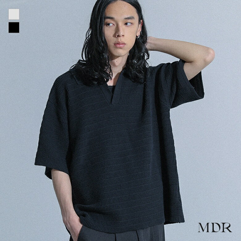 ニット メンズ トップス ポロニット 半袖 スキッパー 編み地 プルオーバー ラフ ゆったり 透け感 サマーニット 春 夏 ロングシーズン オシャレウォーカー【...