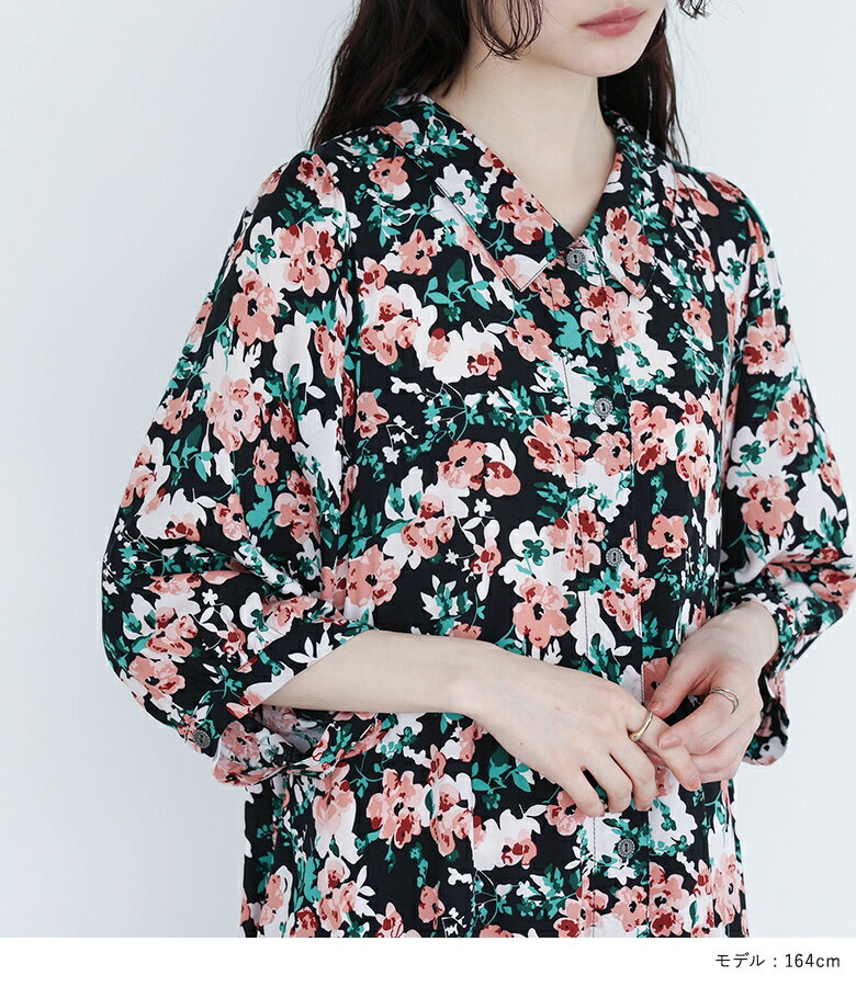 ワンピース レディース 半袖 ワンピ 花柄 プリント シャツワンピ 体型カバー 二の腕カバー ミモレ丈 コクーン 春 夏 オシャレウォーカー※メール便可※【10】