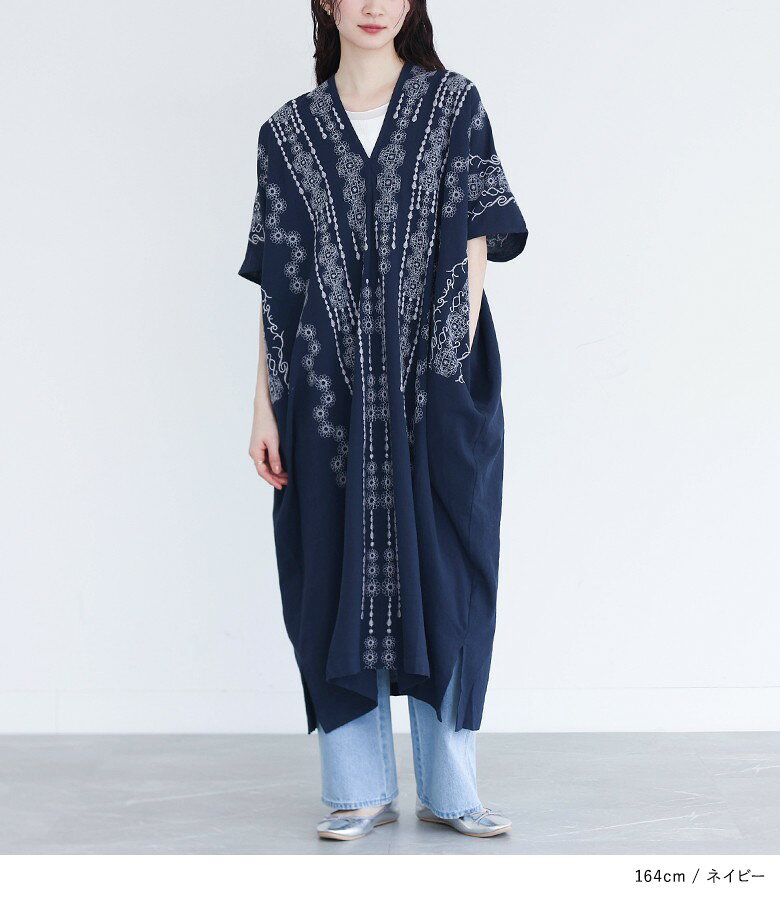 綿100％ ワンピース レディース コットン100％ コットンワンピ ロング丈 半袖 Vネック 刺繍 配色 無地 スリット 落ち感 レイヤード 重ね着 ゆったり 大きめ 楽ちん 春 夏 オシャレウォーカー【メール便不可】【20】 - Image 2