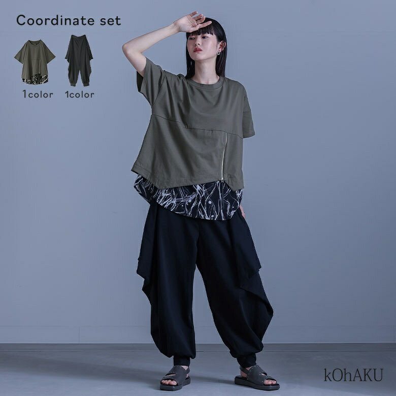 【送料無料】2点コーデセット 2025 レディース カットソー トップス 半袖 Tシャツ ドッキング 異素材 シャツ生地 サルエルパンツ ロング ボトムス 接触冷感 コットン100% ドレープ 春 夏 オシャレウォーカー【メール便不可】【30】