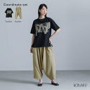 【送料無料】2点コーデセット 2025 レディース カットソー 半袖 トップス プリント柄 コットン100% ボトムス パンツ ロングパンツ ワイドパンツ ドレ...
