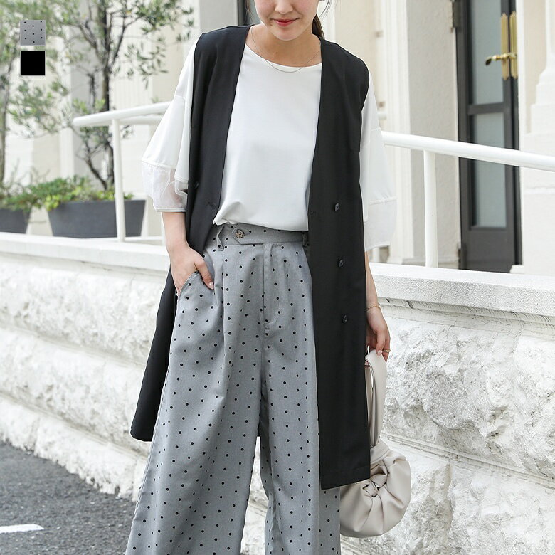 ベスト レディース ジレ トップス ライトアウター ロング丈 ドット 無地 羽織り 重ね着 レイヤード ノースリーブ ジャケット ノーカラー ドット柄 水玉柄 ポケット フォーマル 春 夏 秋 オシャレウォーカー【メール便不可】【20】