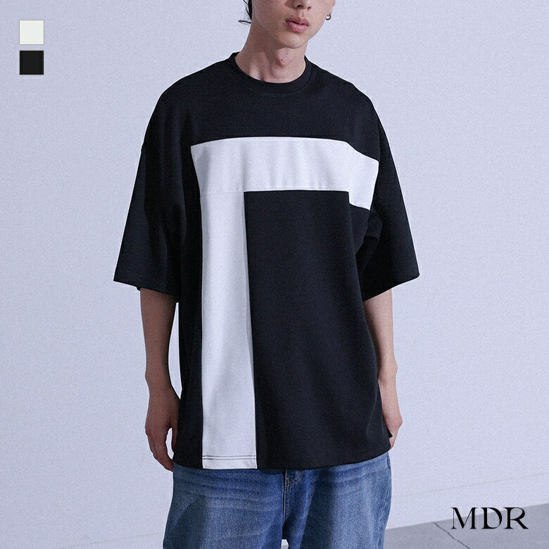 【クーポンで10%OFF 6/9 23:59迄】Tシャツ メンズ トップス カットソー 半袖 プルオーバー クルーネック ビッグT ビッグTシャツ 配色 ワイド スリット ポンチ生地 レイヤード 重ね着 春 夏 オシャレウォーカー【メール便不可】【20】