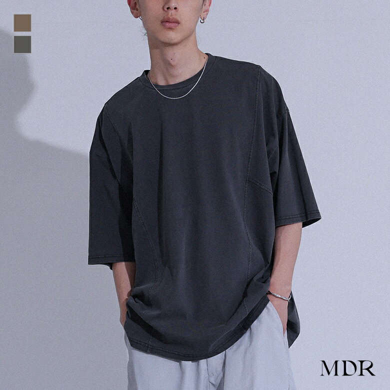 【クーポンで10%OFF 6/9 23:59迄】カットソー Tシャツ 半袖 五分袖 メンズ トップス コットン100％ 通気性 オーバーサイズ ビッグシルエット 切替デザイン 古着風 ヴィンテージ加工 着回し 春 夏 オシャレウォーカー]※メール便可※【10】