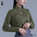 カットソー 長袖 レディース トップス インナー ハイネック ロンT ショート丈 ジャカード ジャガード レイヤード 重ね着 秋 冬 総柄 柄物 モード ボタン シルバーボタン 涙あき 二の腕カバー※メール便可※【10】