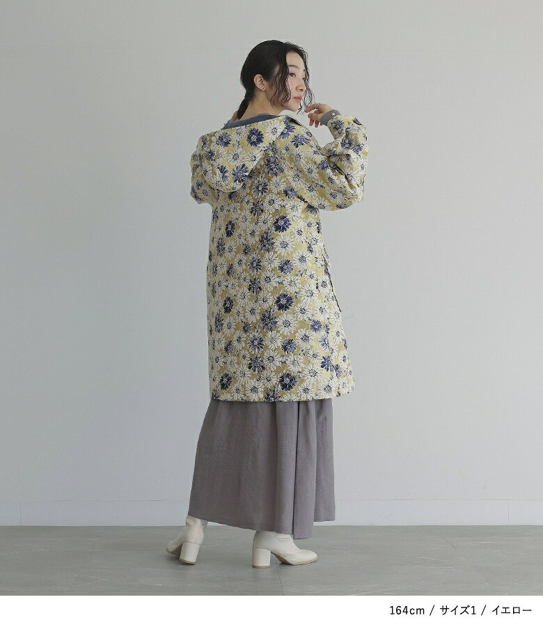 コート 花柄 レディース アウター フード付き ジャカード 長袖 ミドル丈 フード付...