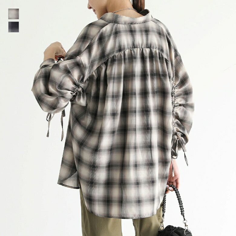 長袖シャツ レディース トップス ギャザーデザイン チェック柄 チェックシャツ 柄シャツ 薄手 羽織り リボン オンブレチェック ドロスト カジュアル シンプル ナチュラル モード 春 夏 秋 オシャレウォーカー※メール便可※【10】のサムネイル